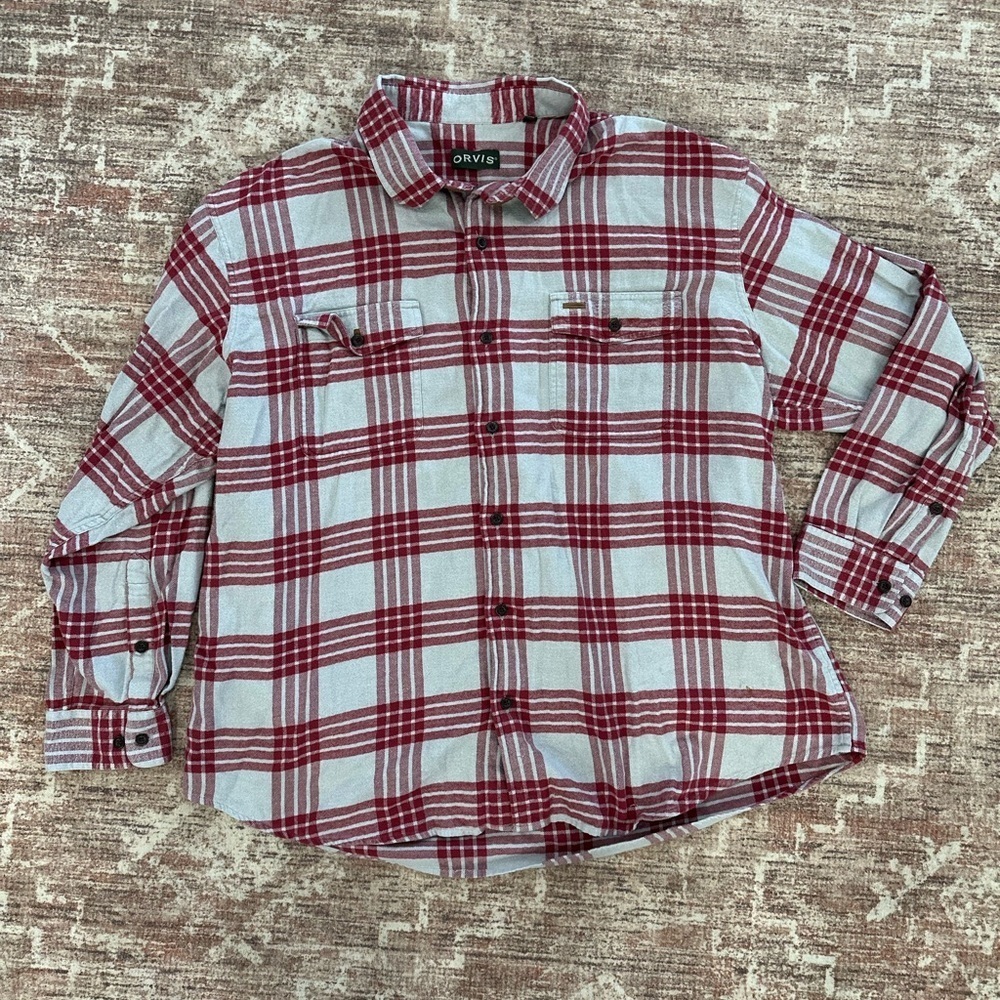 Orvis Fairbanks Flannel Shirt Men's XXL Red Gray Plaid Button Long Sleeve Cotton